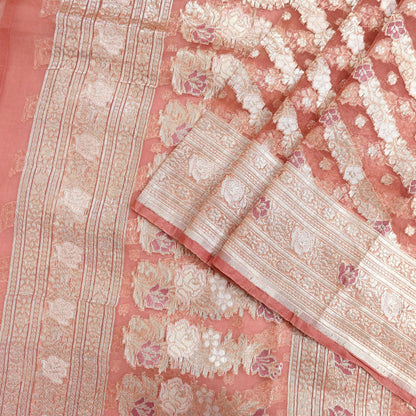 Indian Vintage Sari Heavy Peach Pure Organza Silk Woven Brocade Banarasi Sarees Zari 5Yd Ethnic Fabric Dress Making Wedding Sarees