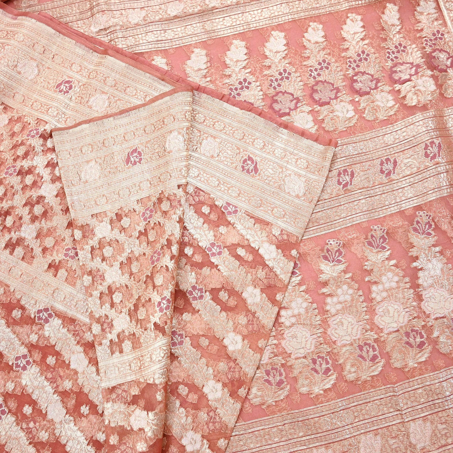 Indian Vintage Sari Heavy Peach Pure Organza Silk Woven Brocade Banarasi Sarees Zari 5Yd Ethnic Fabric Dress Making Wedding Sarees