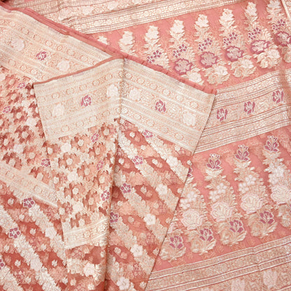 Indian Vintage Sari Heavy Peach Pure Organza Silk Woven Brocade Banarasi Sarees Zari 5Yd Ethnic Fabric Dress Making Wedding Sarees