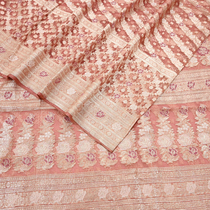 Indian Vintage Sari Heavy Peach Pure Organza Silk Woven Brocade Banarasi Sarees Zari 5Yd Ethnic Fabric Dress Making Wedding Sarees