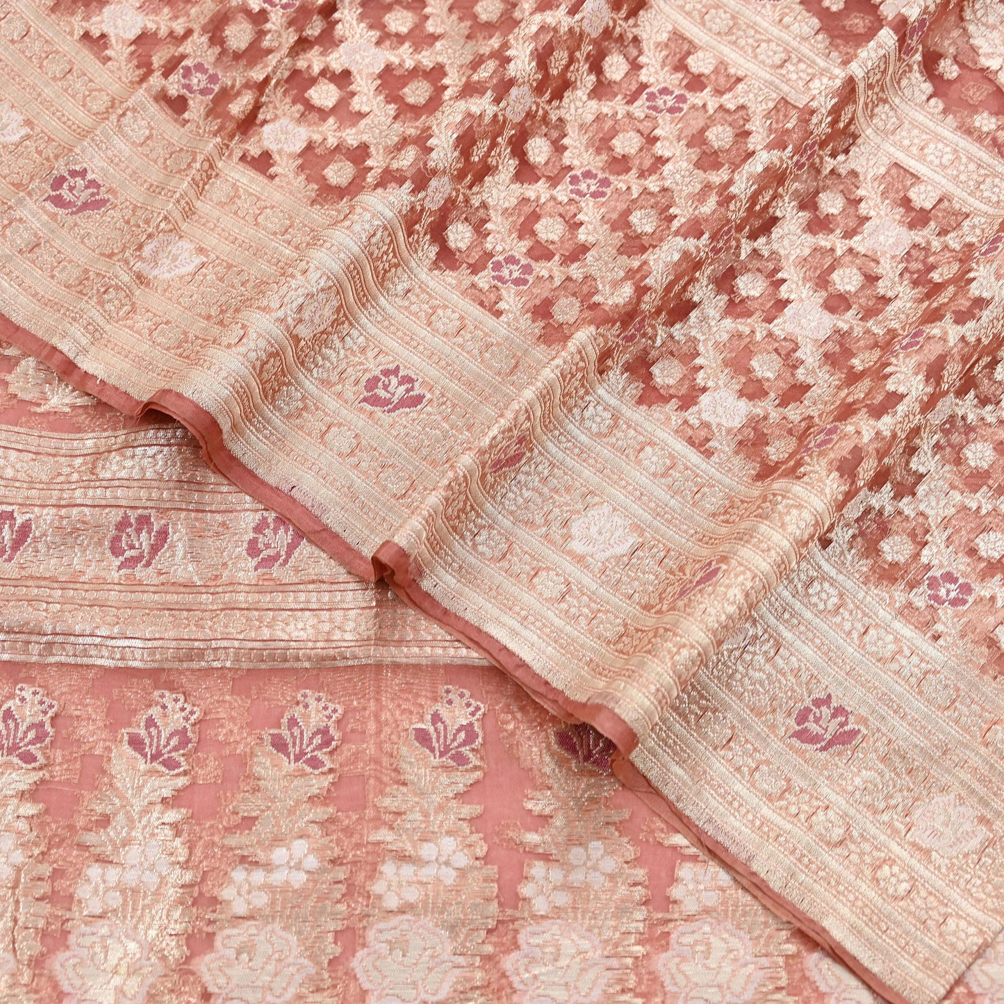 Indian Vintage Sari Heavy Peach Pure Organza Silk Woven Brocade Banarasi Sarees Zari 5Yd Ethnic Fabric Dress Making Wedding Sarees