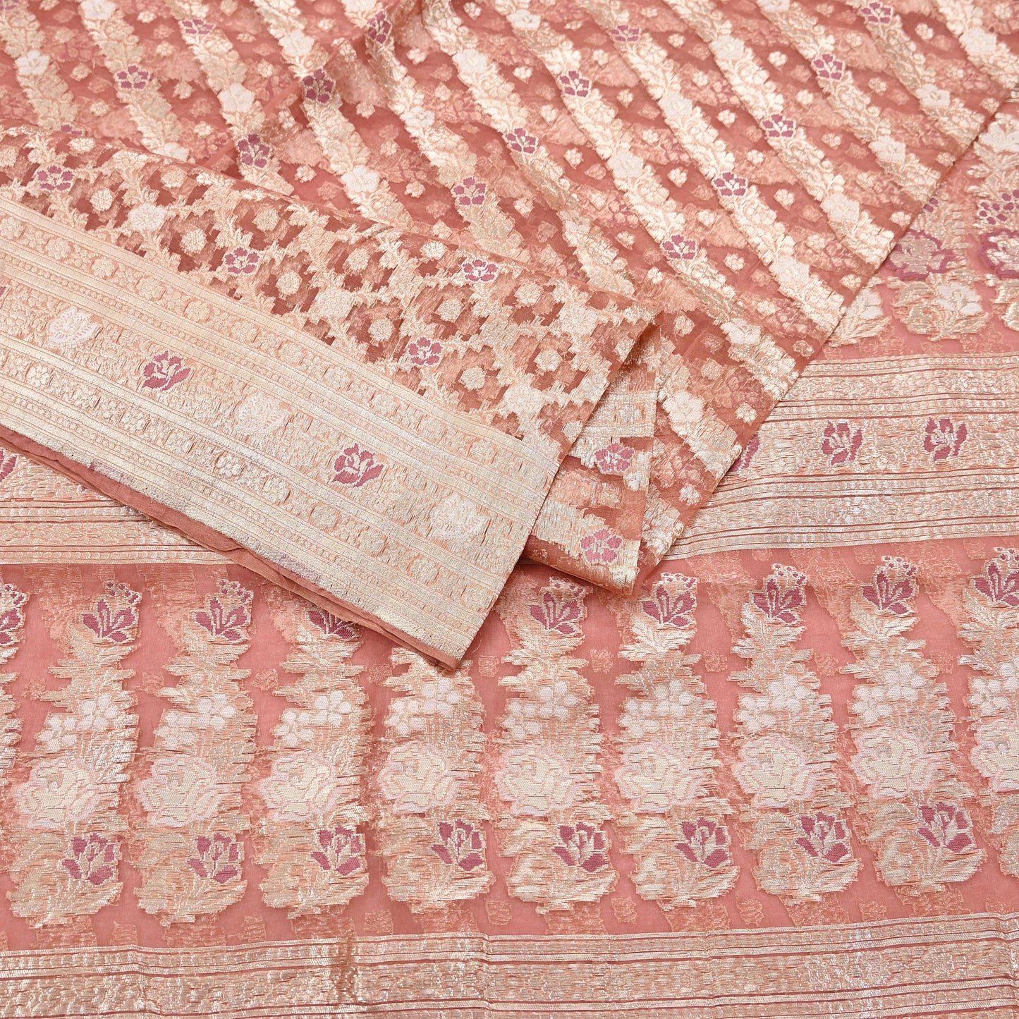 Indian Vintage Sari Heavy Peach Pure Organza Silk Woven Brocade Banarasi Sarees Zari 5Yd Ethnic Fabric Dress Making Wedding Sarees