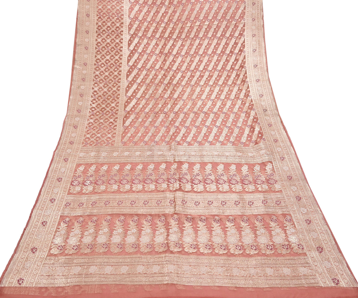Indian Vintage Sari Heavy Peach Pure Organza Silk Woven Brocade Banarasi Sarees Zari 5Yd Ethnic Fabric Dress Making Wedding Sarees