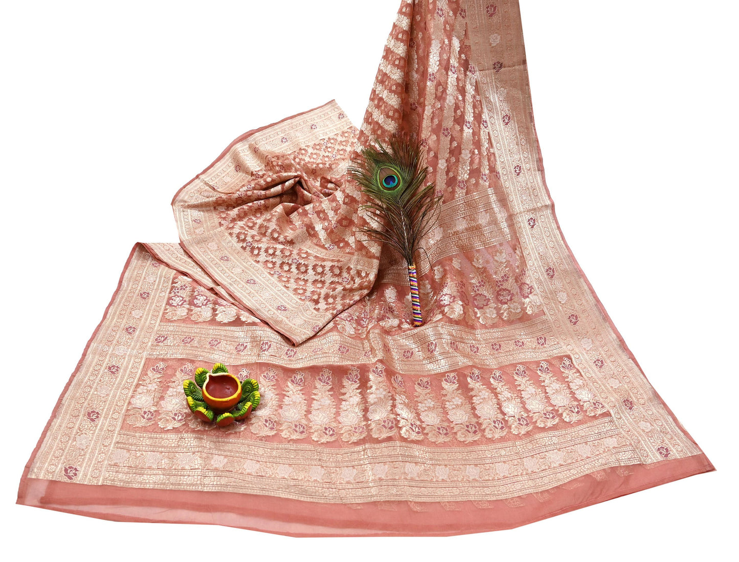 Indian Vintage Sari Heavy Peach Pure Organza Silk Woven Brocade Banarasi Sarees Zari 5Yd Ethnic Fabric Dress Making Wedding Sarees