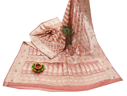 Indian Vintage Sari Heavy Peach Pure Organza Silk Woven Brocade Banarasi Sarees Zari 5Yd Ethnic Fabric Dress Making Wedding Sarees