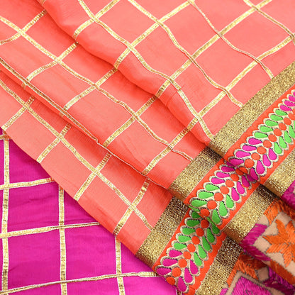 Indian Vintage Peach & Pink Dupatta Pure silk Long Stole Hand Embroidered Scarves Floral Design Stole Veil Wrap Zari gota