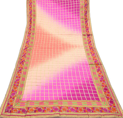 Indian Vintage Peach & Pink Dupatta Pure silk Long Stole Hand Embroidered Scarves Floral Design Stole Veil Wrap Zari gota