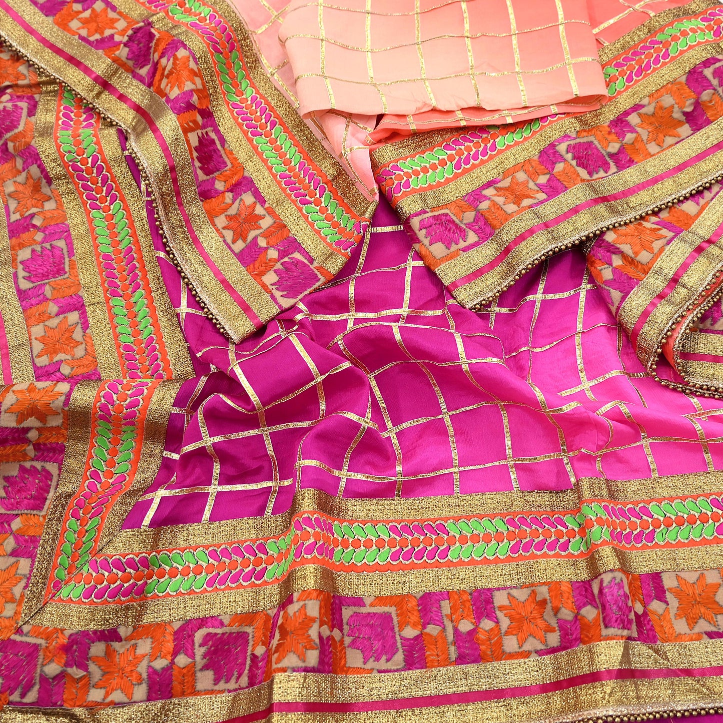 Indian Vintage Peach & Pink Dupatta Pure silk Long Stole Hand Embroidered Scarves Floral Design Stole Veil Wrap Zari gota