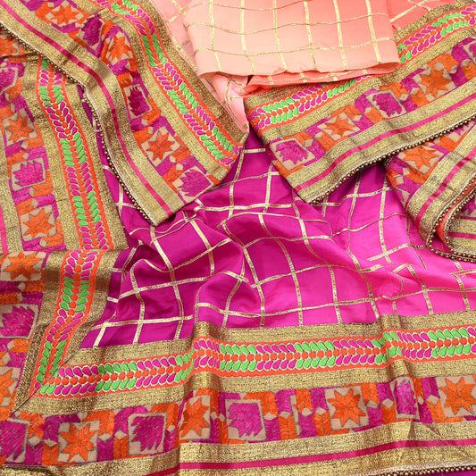 Indian Vintage Peach & Pink Dupatta Pure silk Long Stole Hand Embroidered Scarves Floral Design Stole Veil Wrap Zari gota