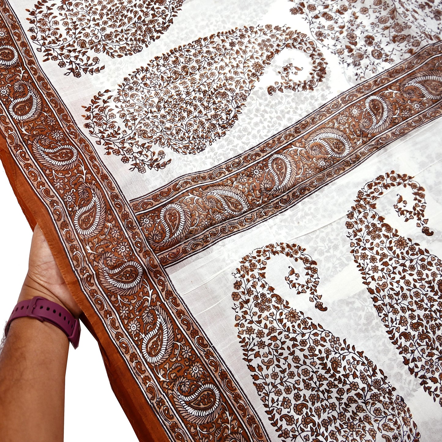 Vintage White Pure Silk Saree Brown Floral Paisley Print 5 Yards Craft Fabric Sewing, Quilting, Dressmaking, Upcycle Material