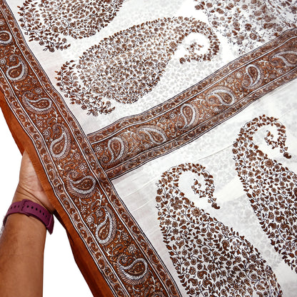 Vintage White Pure Silk Saree Brown Floral Paisley Print 5 Yards Craft Fabric Sewing, Quilting, Dressmaking, Upcycle Material