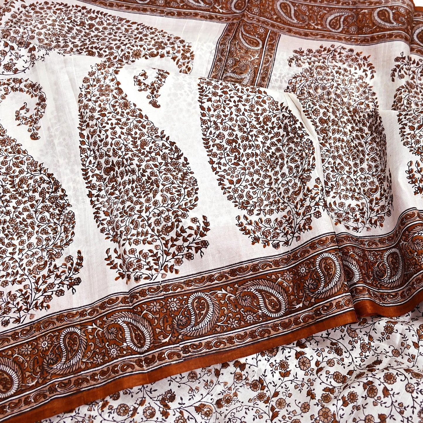 Vintage White Pure Silk Saree Brown Floral Paisley Print 5 Yards Craft Fabric Sewing, Quilting, Dressmaking, Upcycle Material