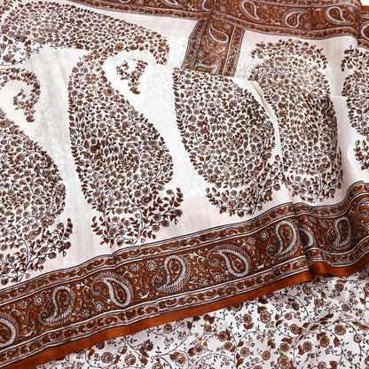 Vintage White Pure Silk Saree Brown Floral Paisley Print 5 Yards Craft Fabric Sewing, Quilting, Dressmaking, Upcycle Material