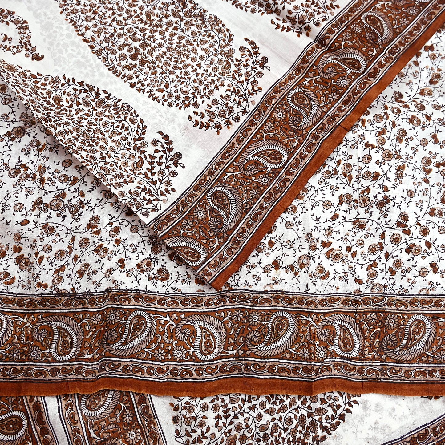 Vintage White Pure Silk Saree Brown Floral Paisley Print 5 Yards Craft Fabric Sewing, Quilting, Dressmaking, Upcycle Material