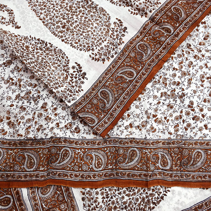 Vintage White Pure Silk Saree Brown Floral Paisley Print 5 Yards Craft Fabric Sewing, Quilting, Dressmaking, Upcycle Material