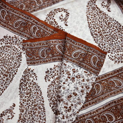 Vintage White Pure Silk Saree Brown Floral Paisley Print 5 Yards Craft Fabric Sewing, Quilting, Dressmaking, Upcycle Material