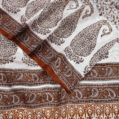 Vintage White Pure Silk Saree Brown Floral Paisley Print 5 Yards Craft Fabric Sewing, Quilting, Dressmaking, Upcycle Material