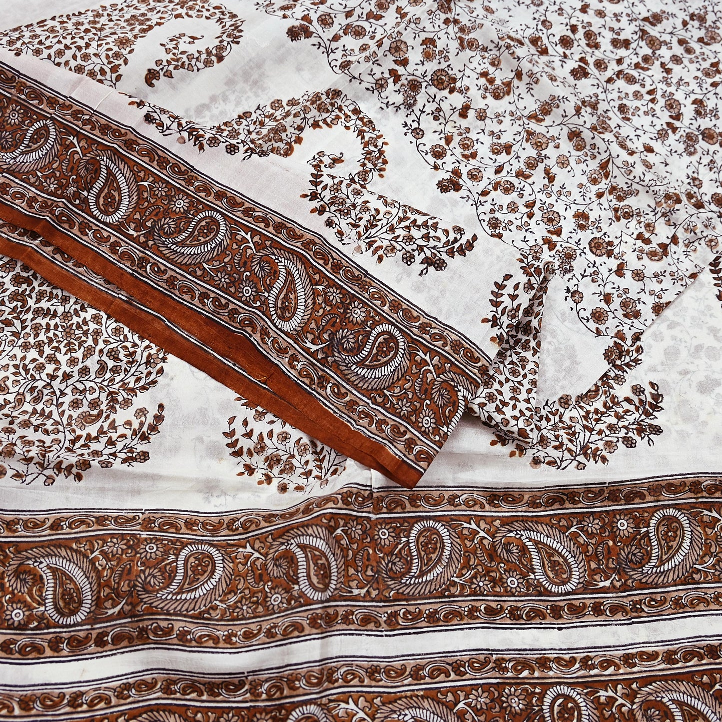 Vintage White Pure Silk Saree Brown Floral Paisley Print 5 Yards Craft Fabric Sewing, Quilting, Dressmaking, Upcycle Material