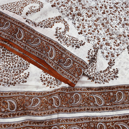 Vintage White Pure Silk Saree Brown Floral Paisley Print 5 Yards Craft Fabric Sewing, Quilting, Dressmaking, Upcycle Material