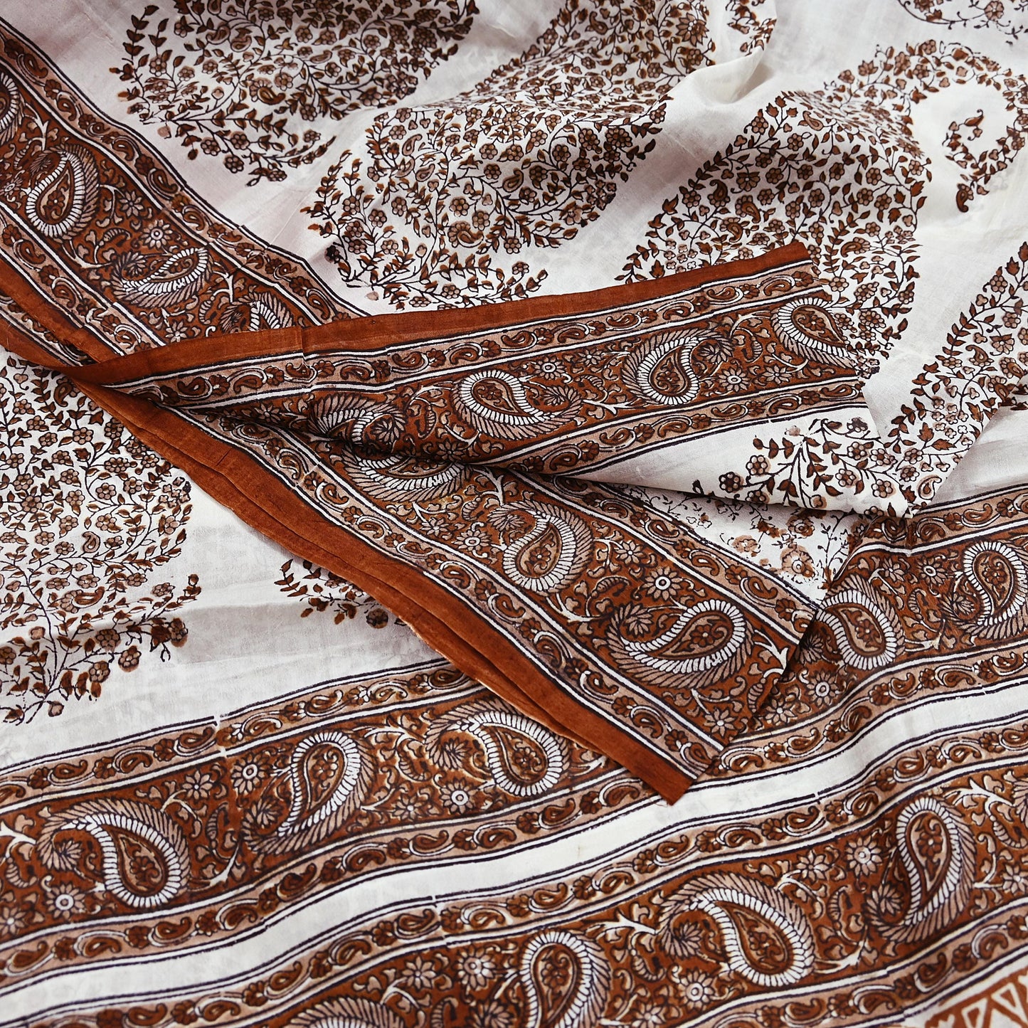 Vintage White Pure Silk Saree Brown Floral Paisley Print 5 Yards Craft Fabric Sewing, Quilting, Dressmaking, Upcycle Material
