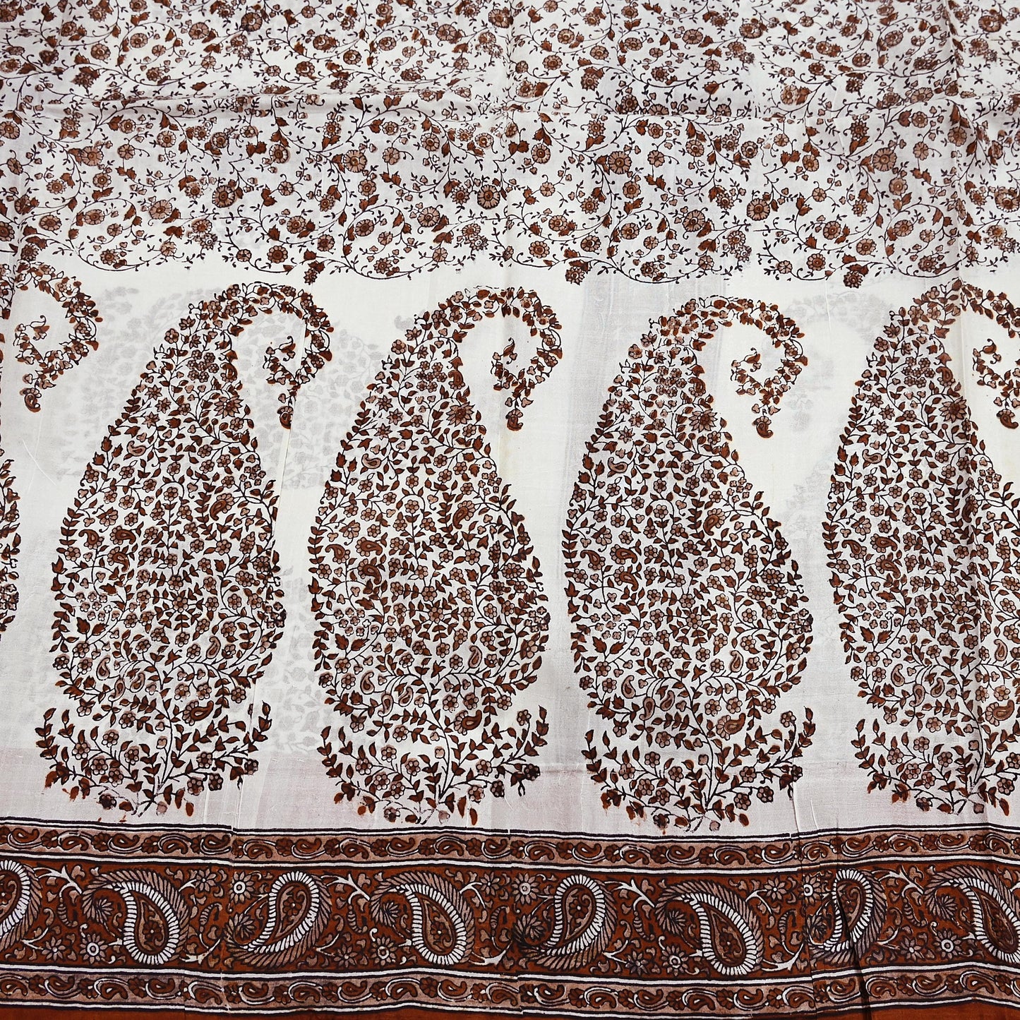 Vintage White Pure Silk Saree Brown Floral Paisley Print 5 Yards Craft Fabric Sewing, Quilting, Dressmaking, Upcycle Material
