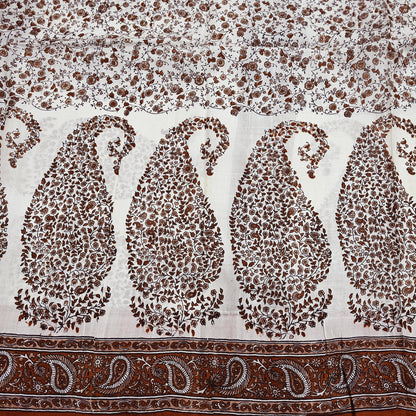 Vintage White Pure Silk Saree Brown Floral Paisley Print 5 Yards Craft Fabric Sewing, Quilting, Dressmaking, Upcycle Material