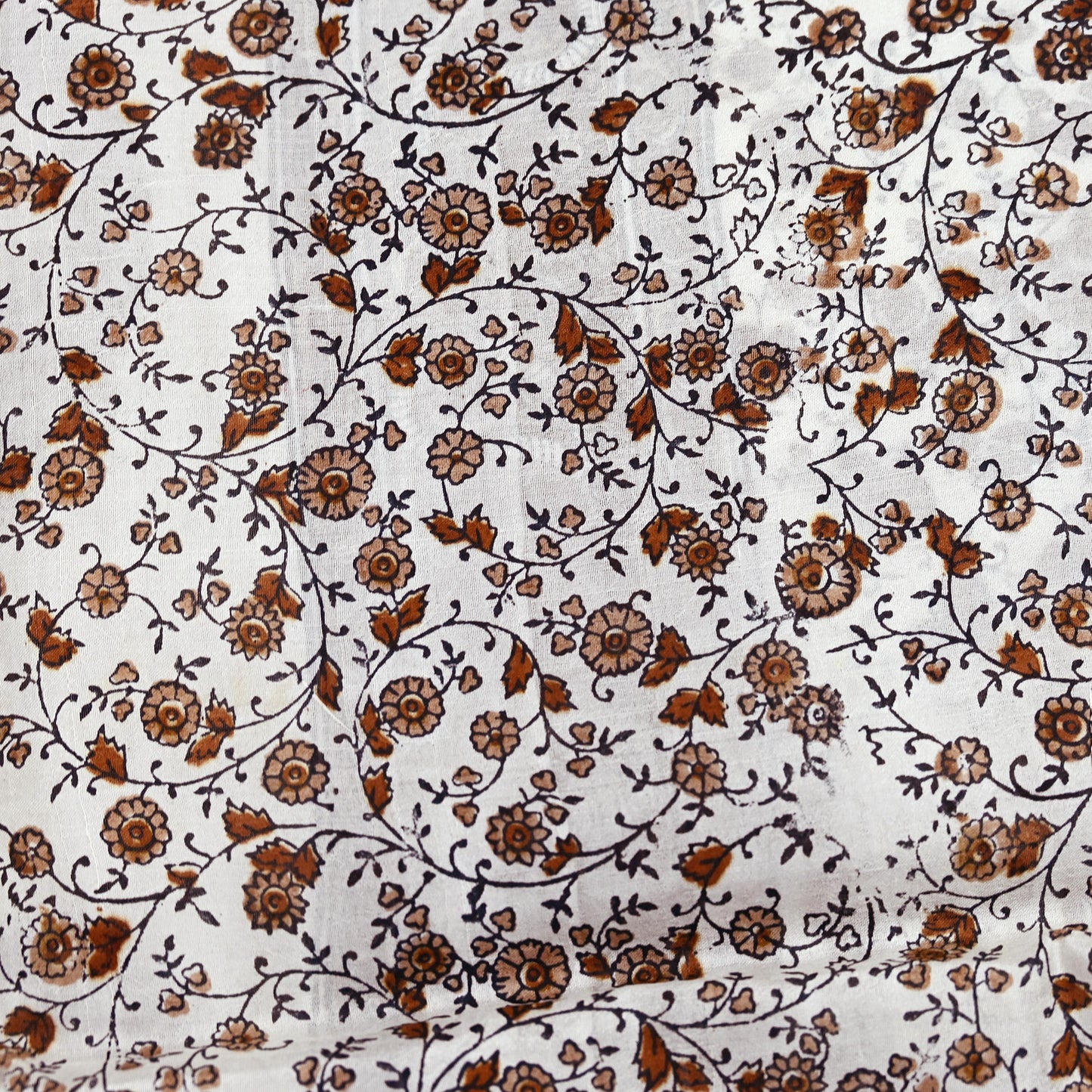 Vintage White Pure Silk Saree Brown Floral Paisley Print 5 Yards Craft Fabric Sewing, Quilting, Dressmaking, Upcycle Material