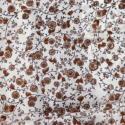 Vintage White Pure Silk Saree Brown Floral Paisley Print 5 Yards Craft Fabric Sewing, Quilting, Dressmaking, Upcycle Material