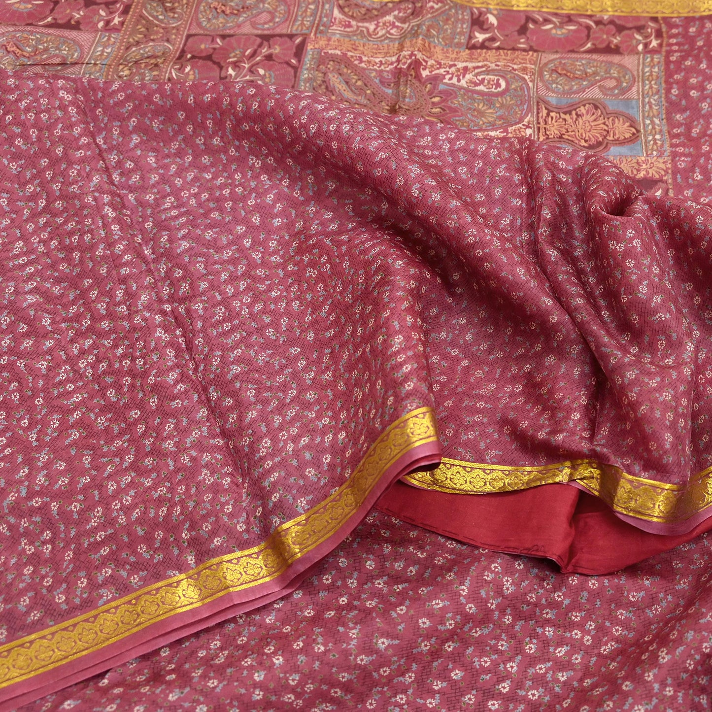 Vintage Pink Pure Silk Saree Indian Printed Silk Fabric 6 Yards Boho Craft Material for Sewing, Quilting, Dressmaking, Upcycling