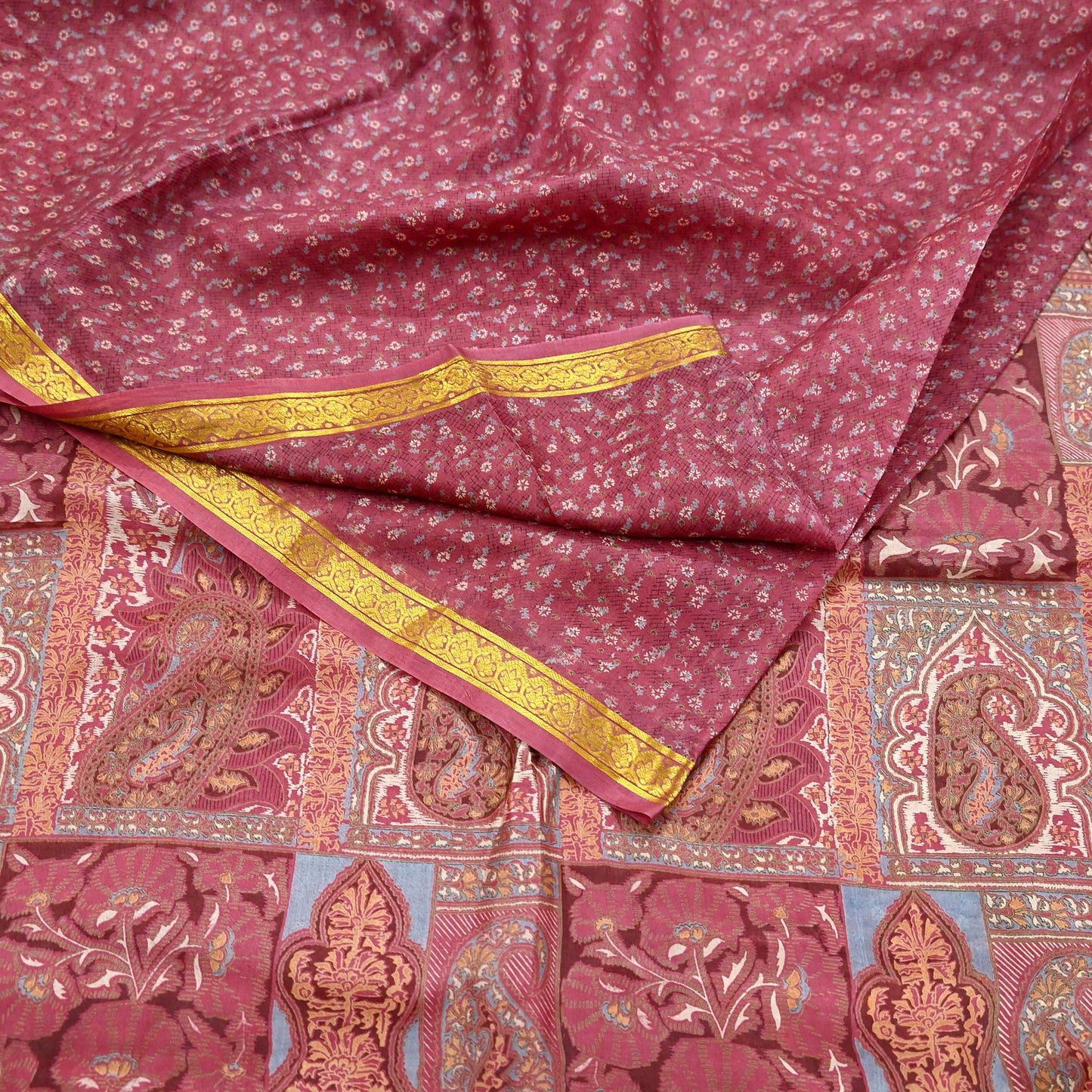 Vintage Pink Pure Silk Saree Indian Printed Silk Fabric 6 Yards Boho Craft Material for Sewing, Quilting, Dressmaking, Upcycling