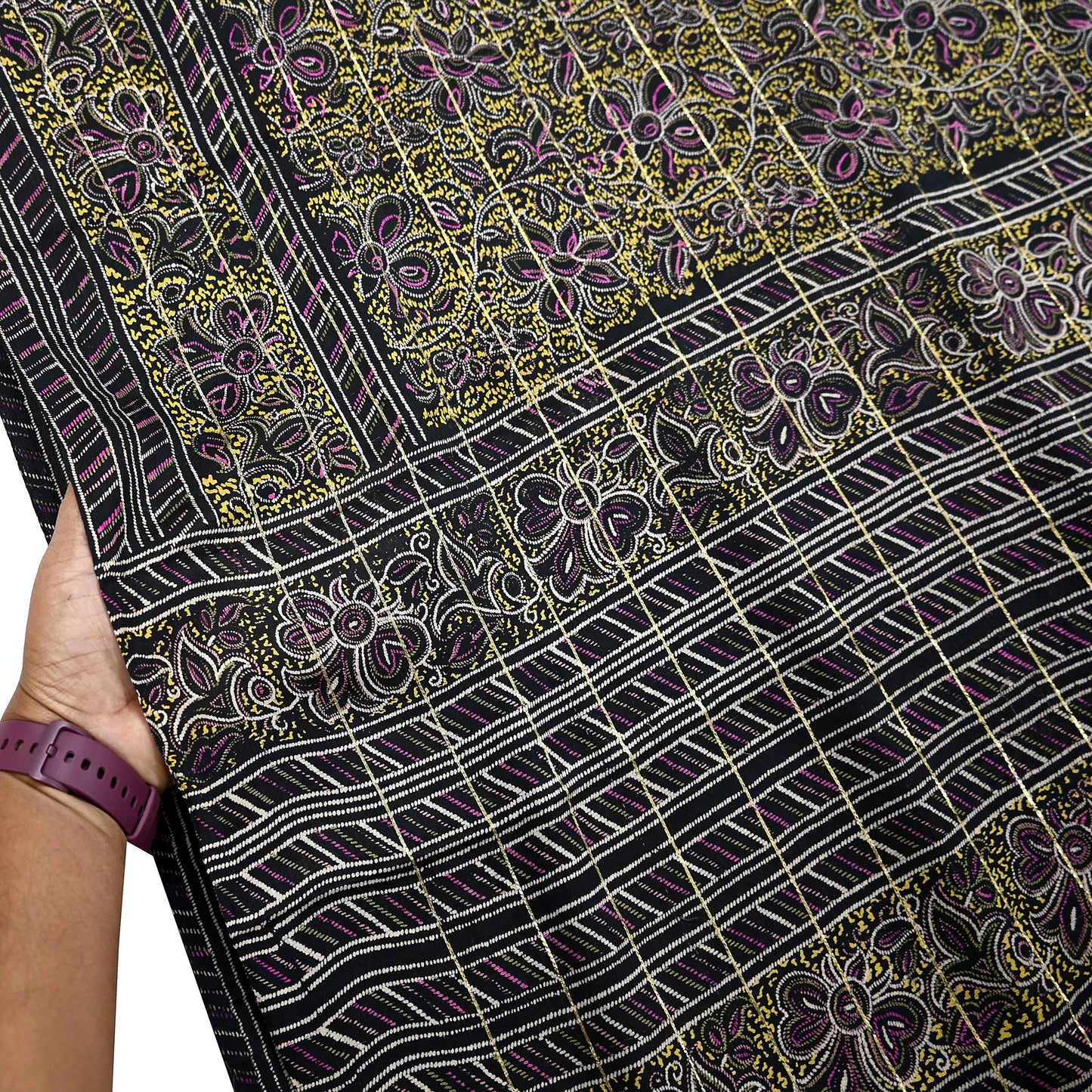 Indian Vintage Black Pure Silk Saree Fabric Floral Print Craft Silk Upcycled Sewing Material Quilting, Dressmaking, Boho Textile 5 Yards