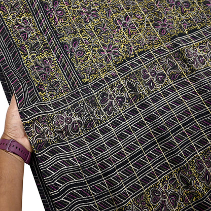 Indian Vintage Black Pure Silk Saree Fabric Floral Print Craft Silk Upcycled Sewing Material Quilting, Dressmaking, Boho Textile 5 Yards