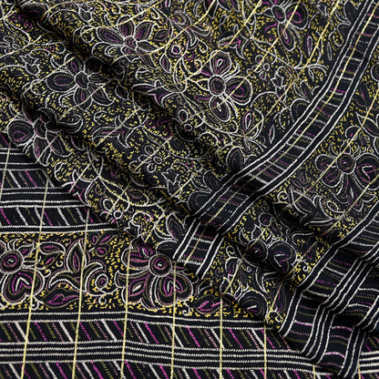 Indian Vintage Black Pure Silk Saree Fabric Floral Print Craft Silk Upcycled Sewing Material Quilting, Dressmaking, Boho Textile 5 Yards