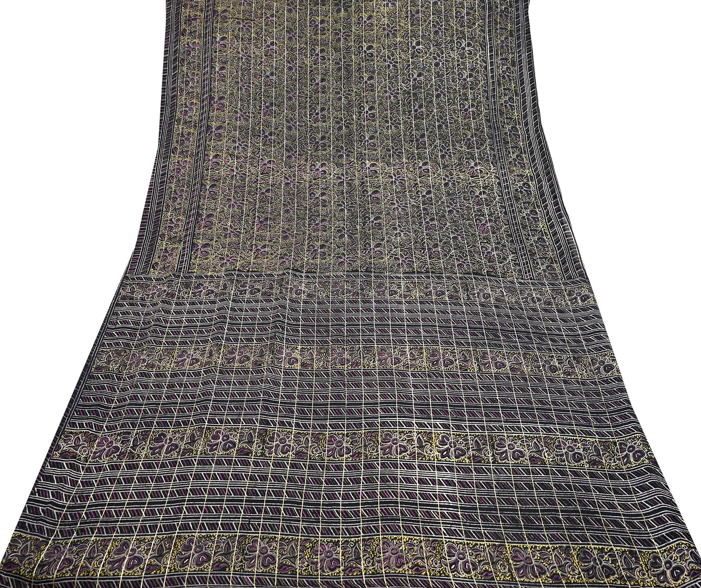 Indian Vintage Black Pure Silk Saree Fabric Floral Print Craft Silk Upcycled Sewing Material Quilting, Dressmaking, Boho Textile 5 Yards