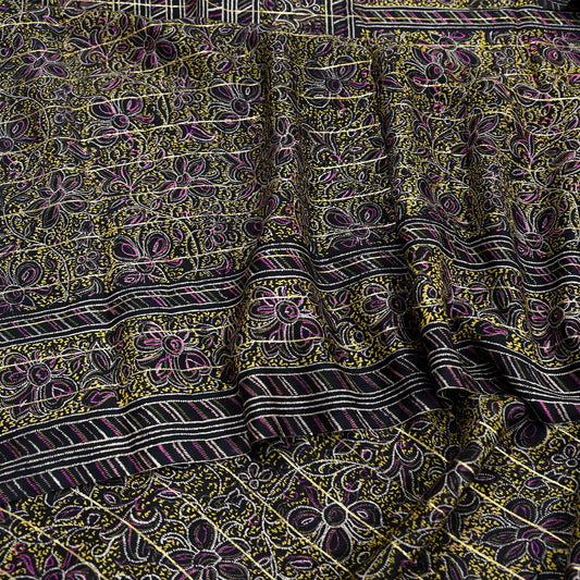 Indian Vintage Black Pure Silk Saree Fabric Floral Print Craft Silk Upcycled Sewing Material Quilting, Dressmaking, Boho Textile 5 Yards