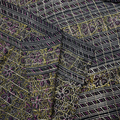 Indian Vintage Black Pure Silk Saree Fabric Floral Print Craft Silk Upcycled Sewing Material Quilting, Dressmaking, Boho Textile 5 Yards
