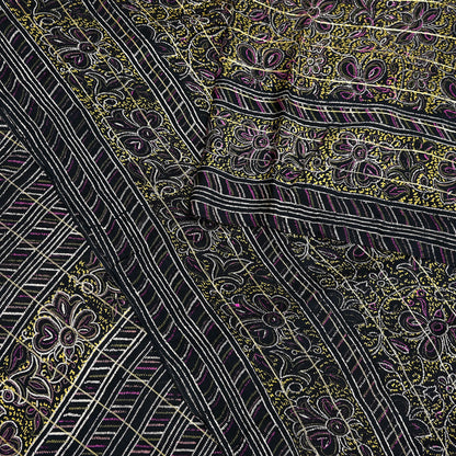 Indian Vintage Black Pure Silk Saree Fabric Floral Print Craft Silk Upcycled Sewing Material Quilting, Dressmaking, Boho Textile 5 Yards
