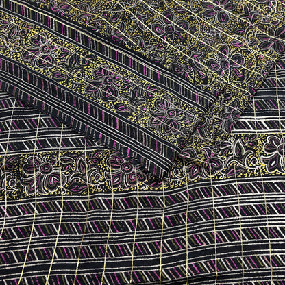 Indian Vintage Black Pure Silk Saree Fabric Floral Print Craft Silk Upcycled Sewing Material Quilting, Dressmaking, Boho Textile 5 Yards