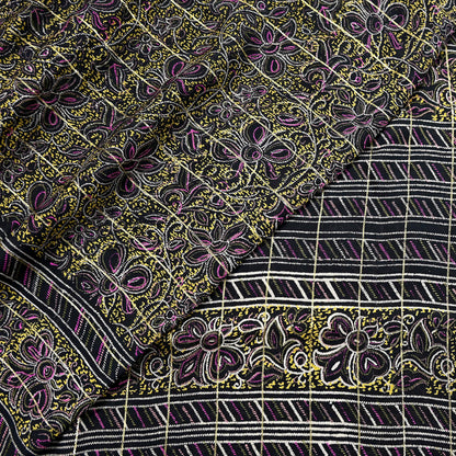 Indian Vintage Black Pure Silk Saree Fabric Floral Print Craft Silk Upcycled Sewing Material Quilting, Dressmaking, Boho Textile 5 Yards