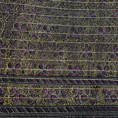 Indian Vintage Black Pure Silk Saree Fabric Floral Print Craft Silk Upcycled Sewing Material Quilting, Dressmaking, Boho Textile 5 Yards