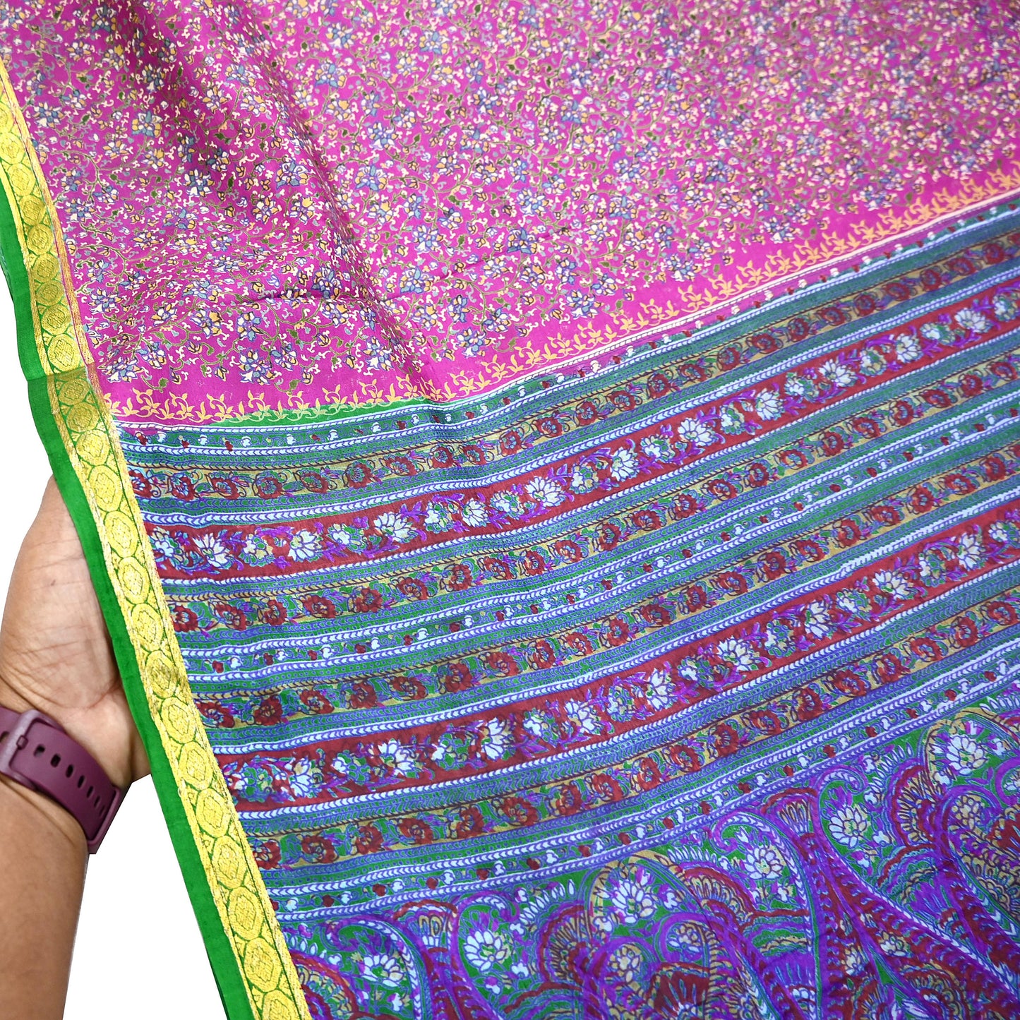 Indian Vintage Pure Silk Saree Fabric Pink & Green Floral Print Craft Silk 5 Yards for Sewing, Quilting, Dressmaking,Upcycled Boho Textile