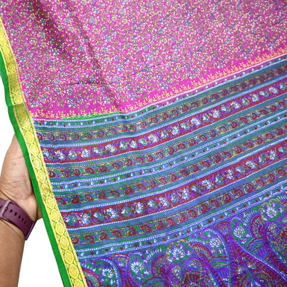 Indian Vintage Pure Silk Saree Fabric Pink & Green Floral Print Craft Silk 5 Yards for Sewing, Quilting, Dressmaking,Upcycled Boho Textile