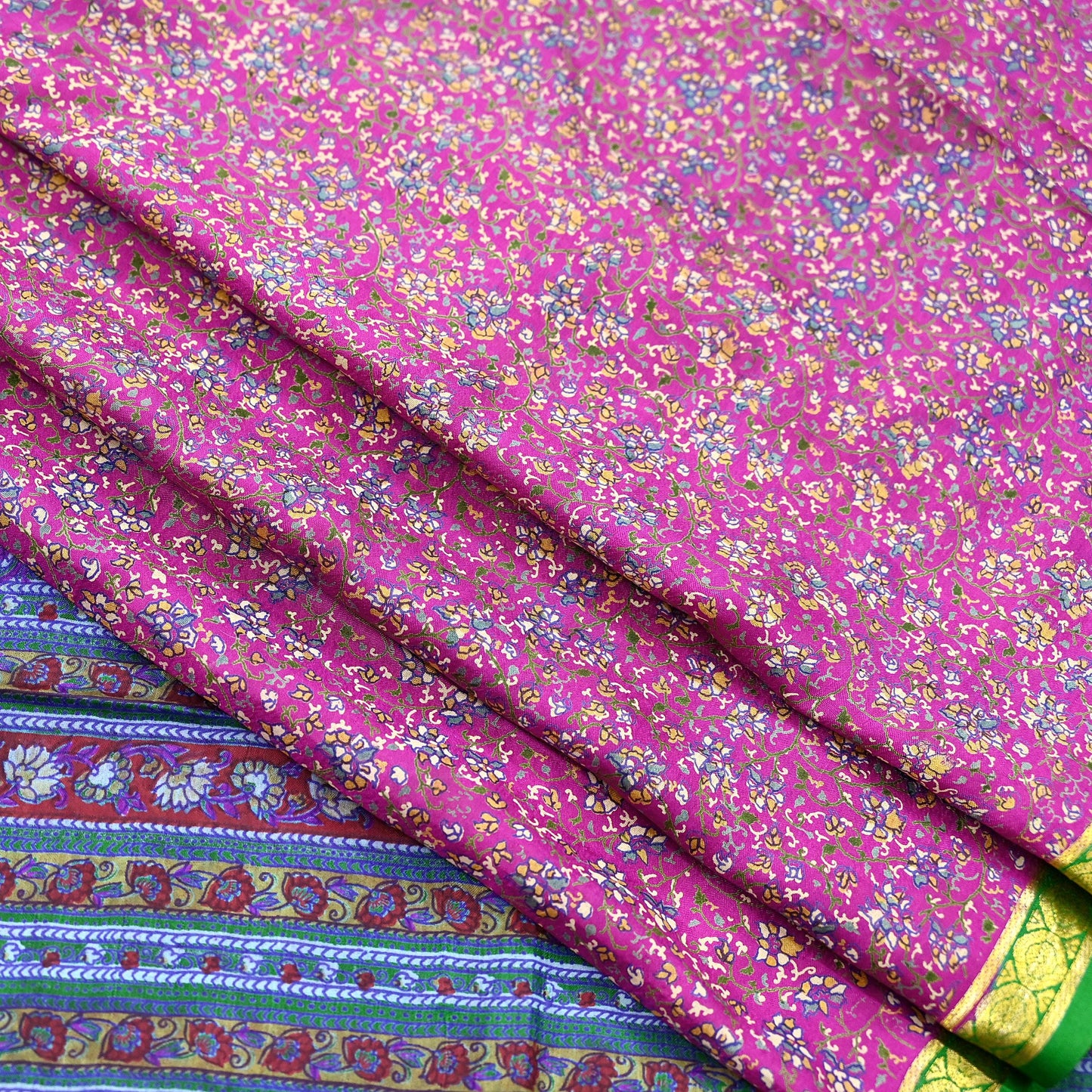 Indian Vintage Pure Silk Saree Fabric Pink & Green Floral Print Craft Silk 5 Yards for Sewing, Quilting, Dressmaking,Upcycled Boho Textile