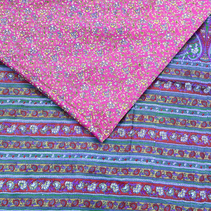 Indian Vintage Pure Silk Saree Fabric Pink & Green Floral Print Craft Silk 5 Yards for Sewing, Quilting, Dressmaking,Upcycled Boho Textile