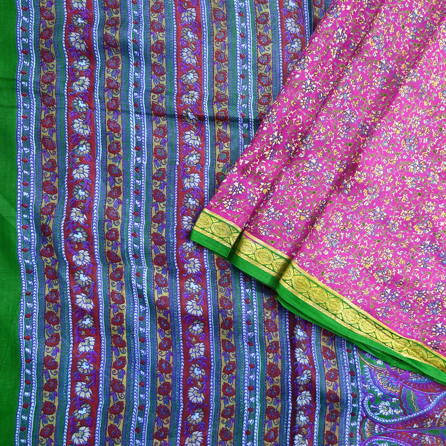 Indian Vintage Pure Silk Saree Fabric Pink & Green Floral Print Craft Silk 5 Yards for Sewing, Quilting, Dressmaking,Upcycled Boho Textile