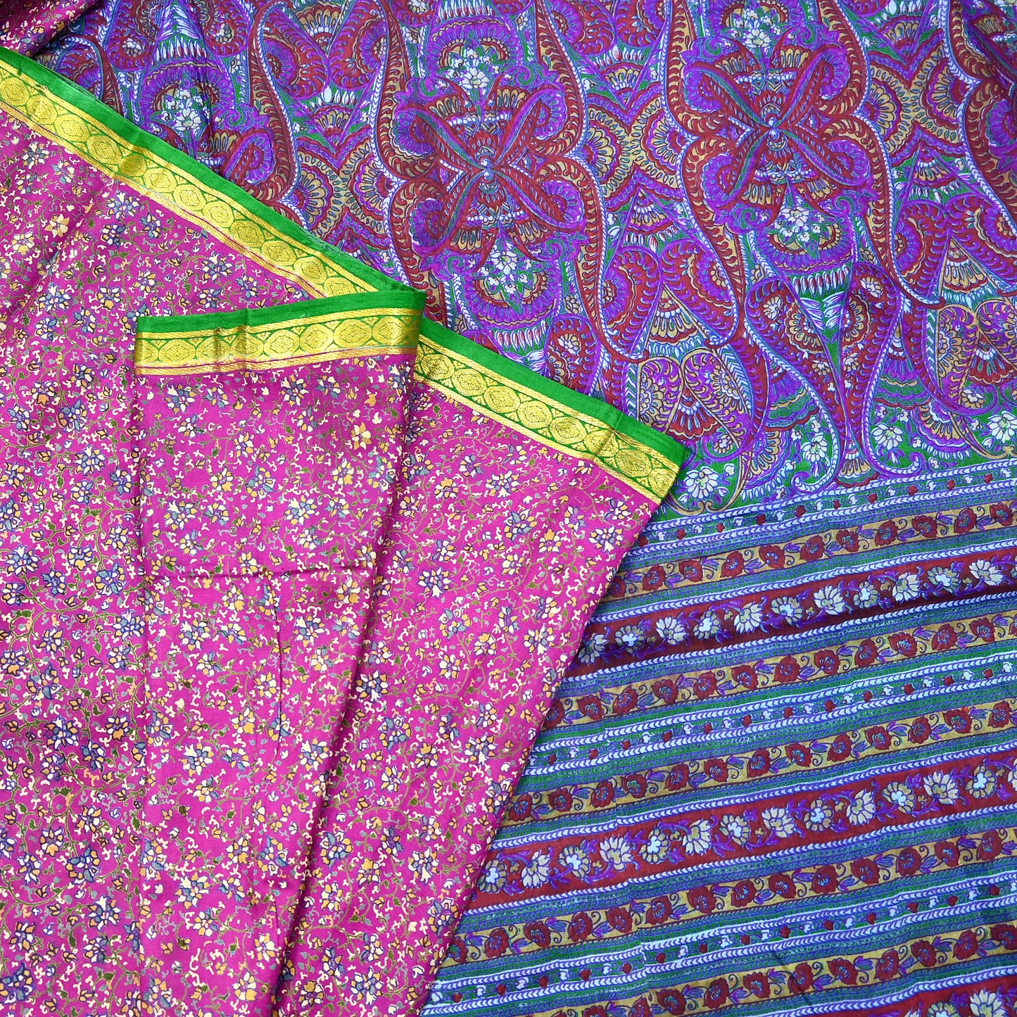 Indian Vintage Pure Silk Saree Fabric Pink & Green Floral Print Craft Silk 5 Yards for Sewing, Quilting, Dressmaking,Upcycled Boho Textile