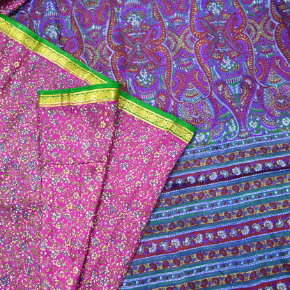 Indian Vintage Pure Silk Saree Fabric Pink & Green Floral Print Craft Silk 5 Yards for Sewing, Quilting, Dressmaking,Upcycled Boho Textile