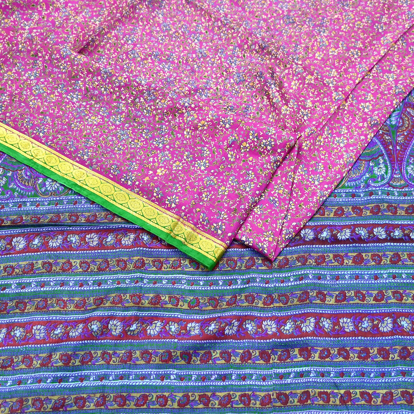 Indian Vintage Pure Silk Saree Fabric Pink & Green Floral Print Craft Silk 5 Yards for Sewing, Quilting, Dressmaking,Upcycled Boho Textile