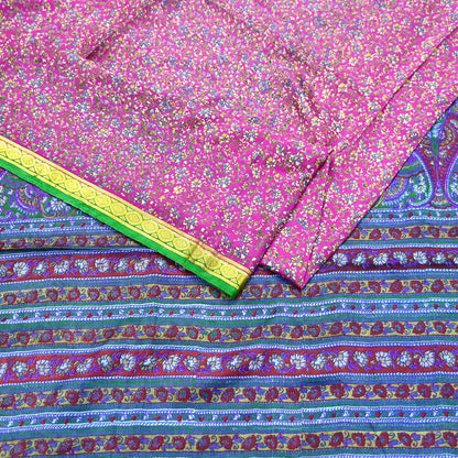 Indian Vintage Pure Silk Saree Fabric Pink & Green Floral Print Craft Silk 5 Yards for Sewing, Quilting, Dressmaking,Upcycled Boho Textile