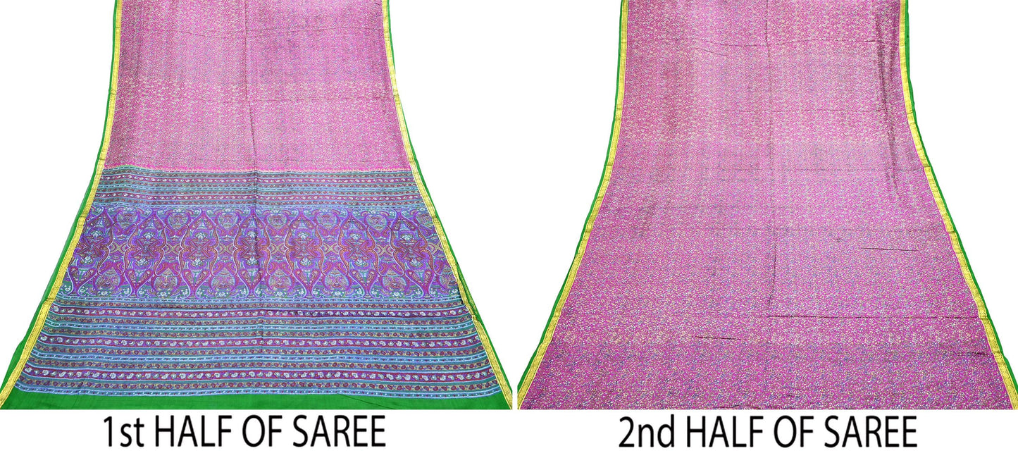 Indian Vintage Pure Silk Saree Fabric Pink & Green Floral Print Craft Silk 5 Yards for Sewing, Quilting, Dressmaking,Upcycled Boho Textile